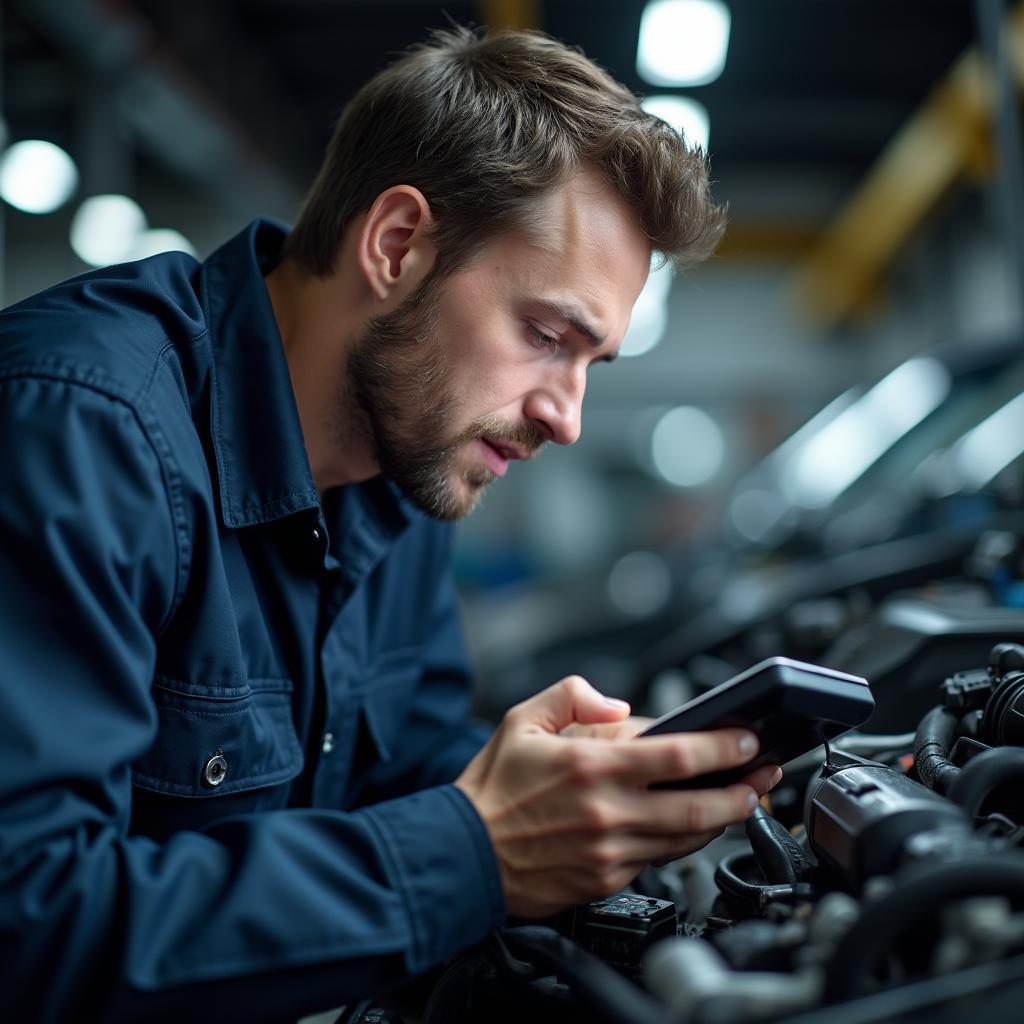 Skilled technician performing car diagnostics in Toowong