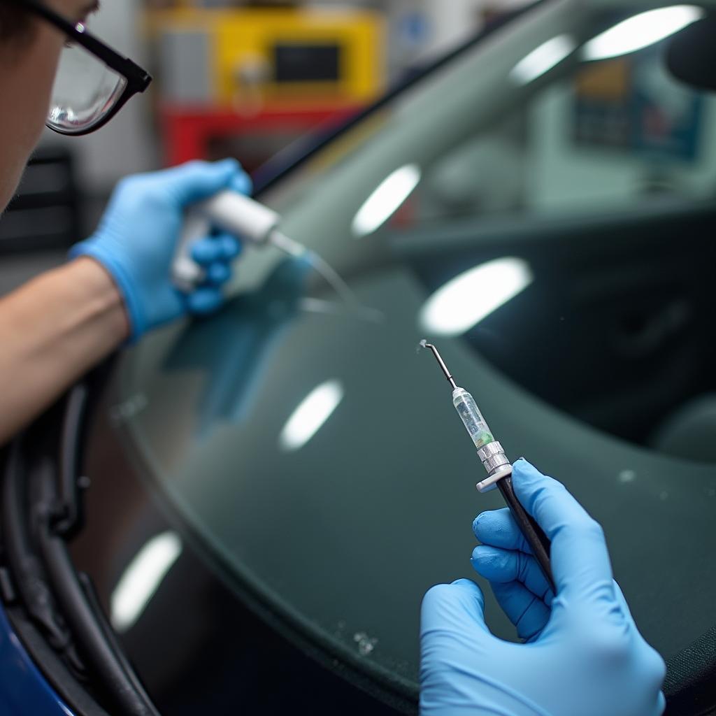 Close-up of a technician repairing a windshield chip