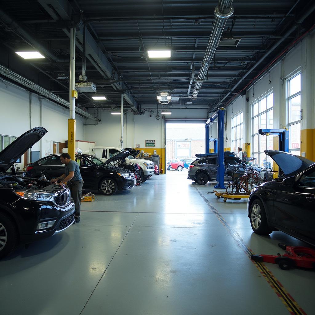 Interior of a bustling auto glass repair shop in Boston