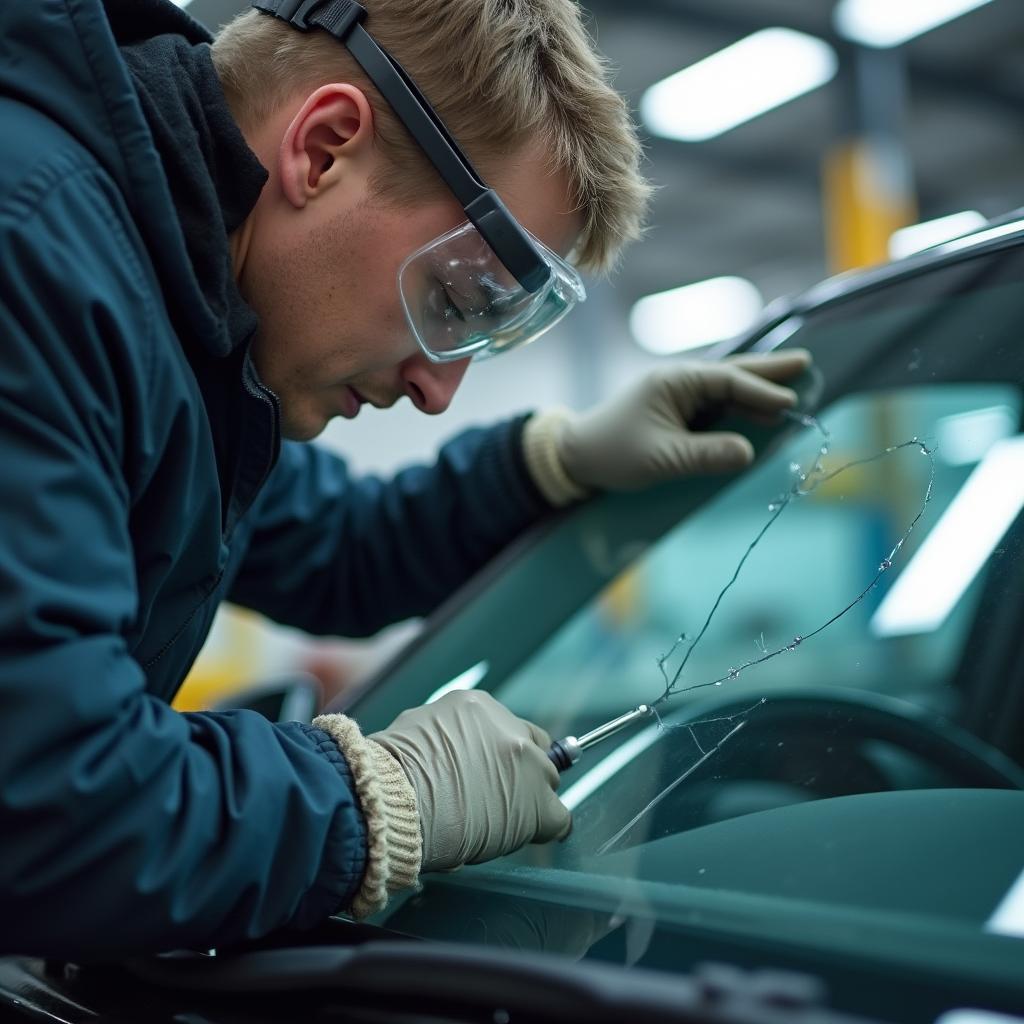 Professional Auto Glass Repair Technician at Work