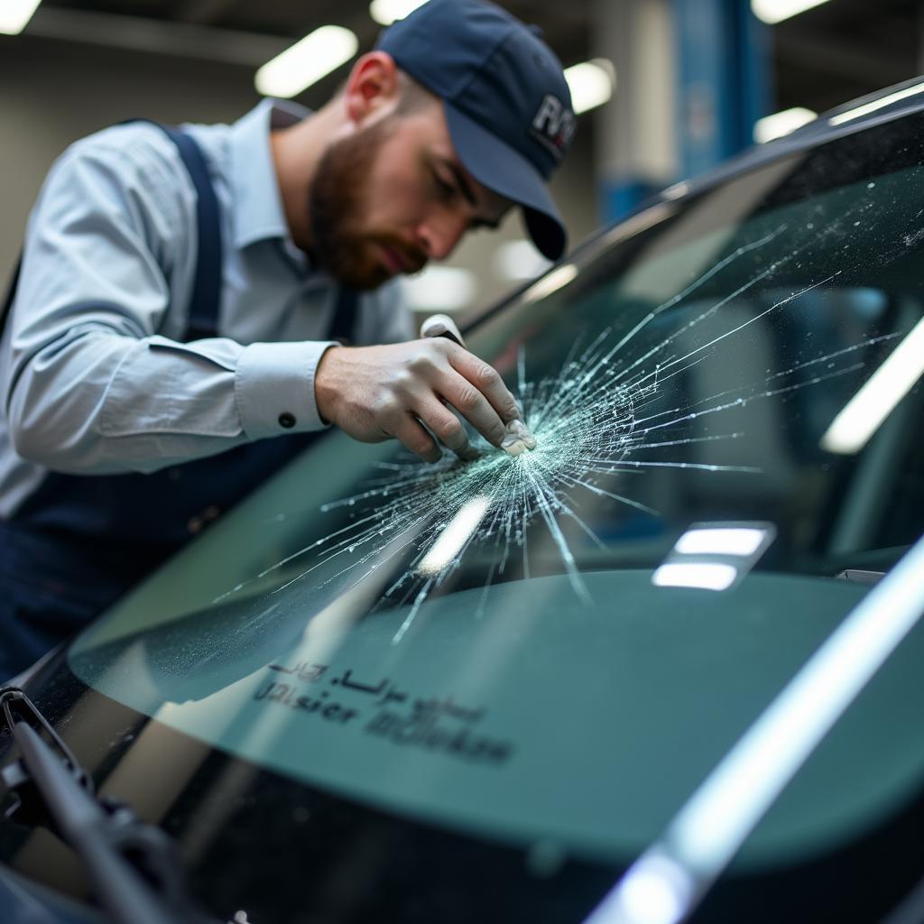 Auto glass repair technician working on a damaged windshield