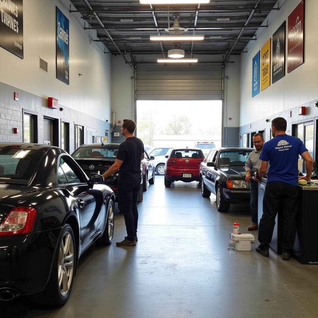 Interior view of a bustling auto glass repair shop in the 85225 area