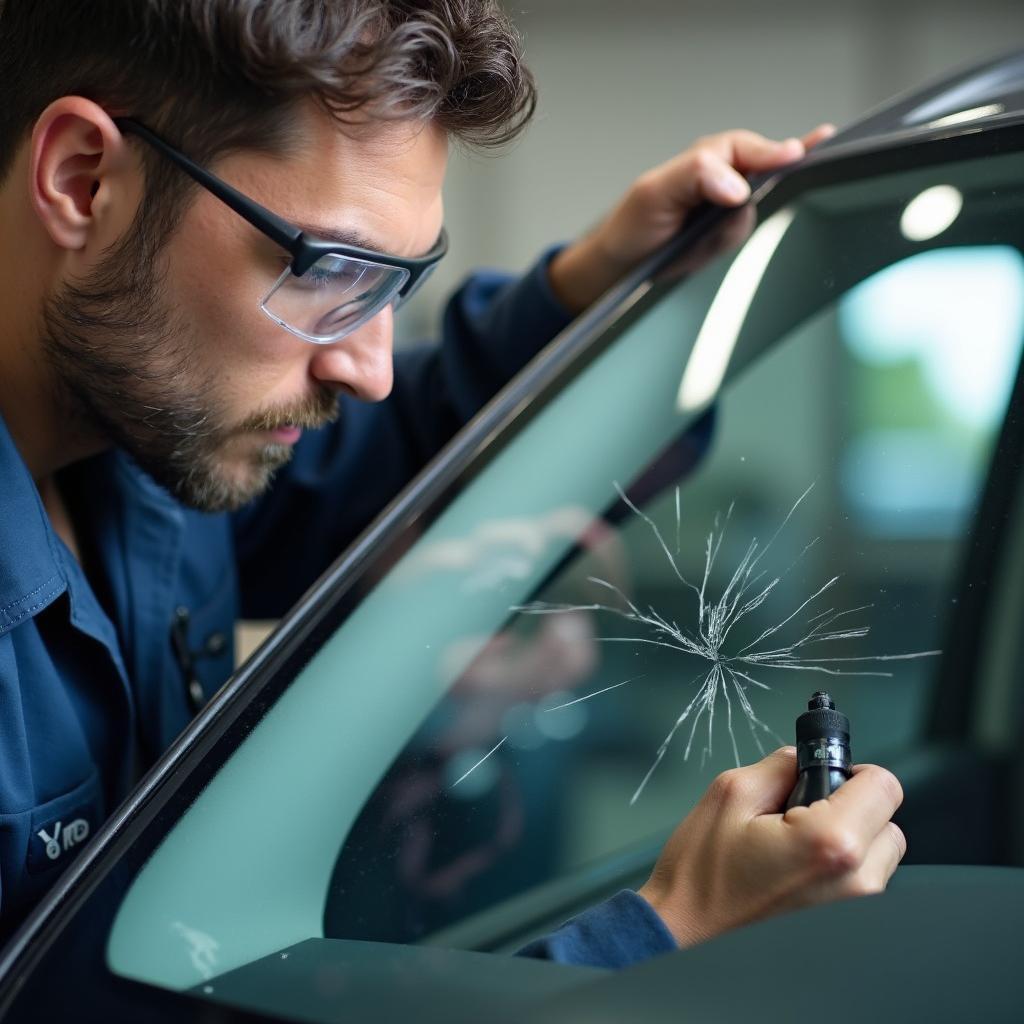 A certified auto glass technician in Prince George's County inspecting a damaged windshield