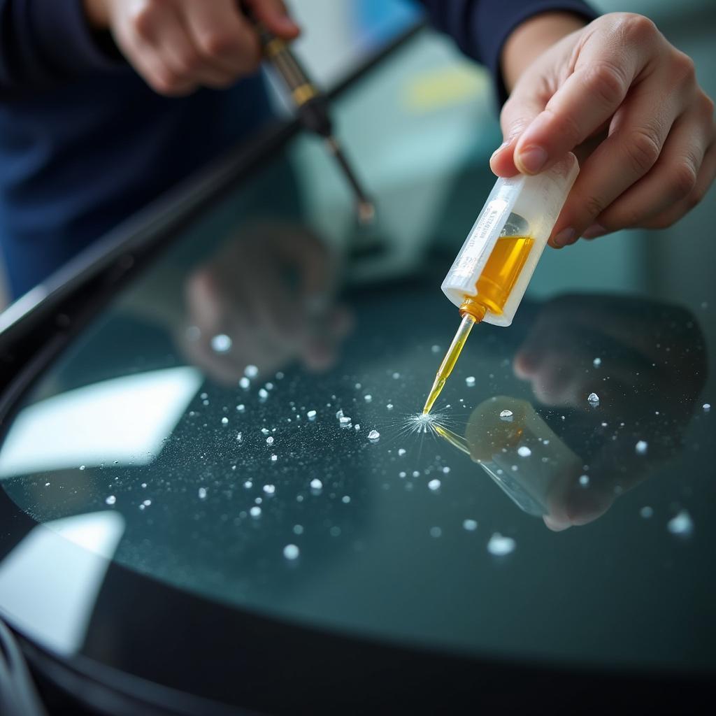 Auto Glass Technician Repairing Windshield