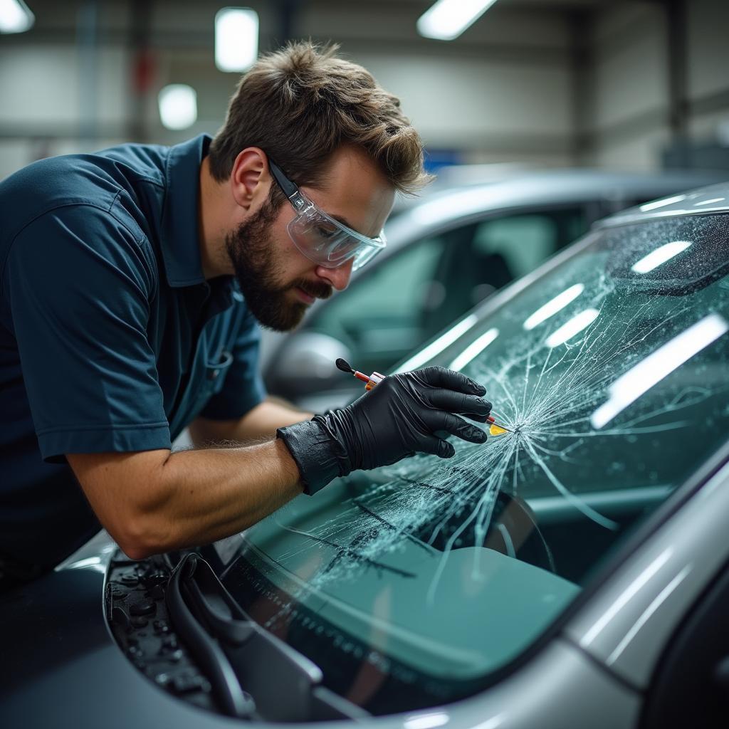 Technician Performing Auto Glass Repair