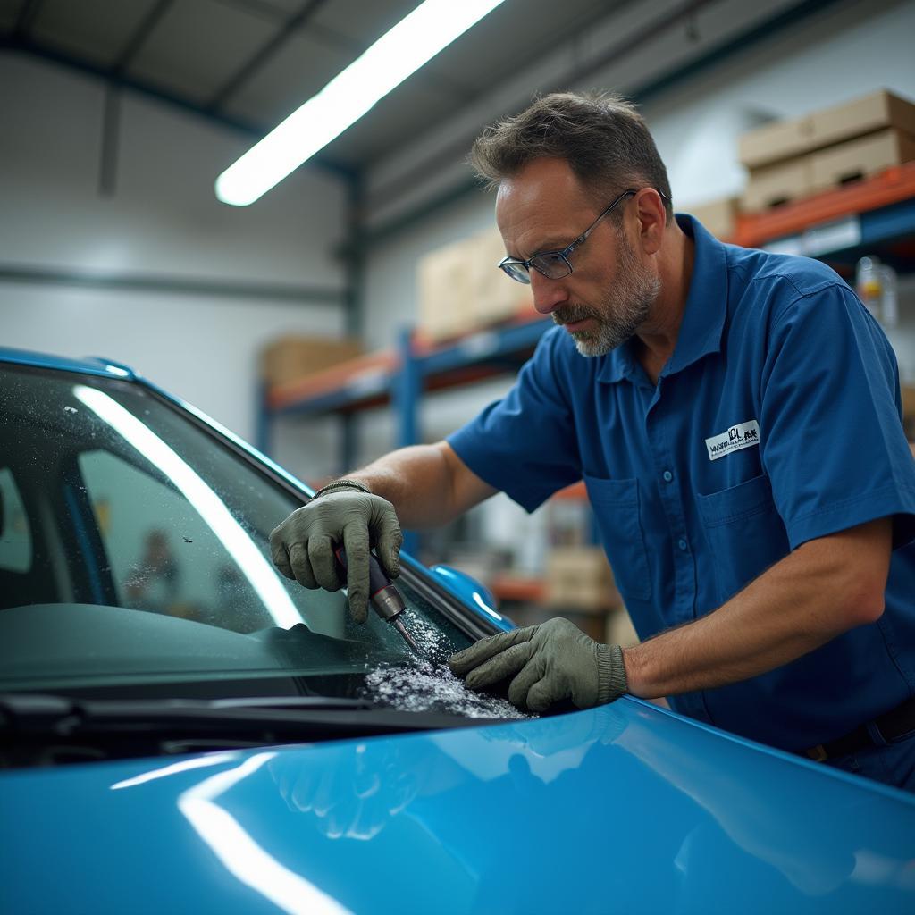 Auto Glass Technician Repairing Windshield