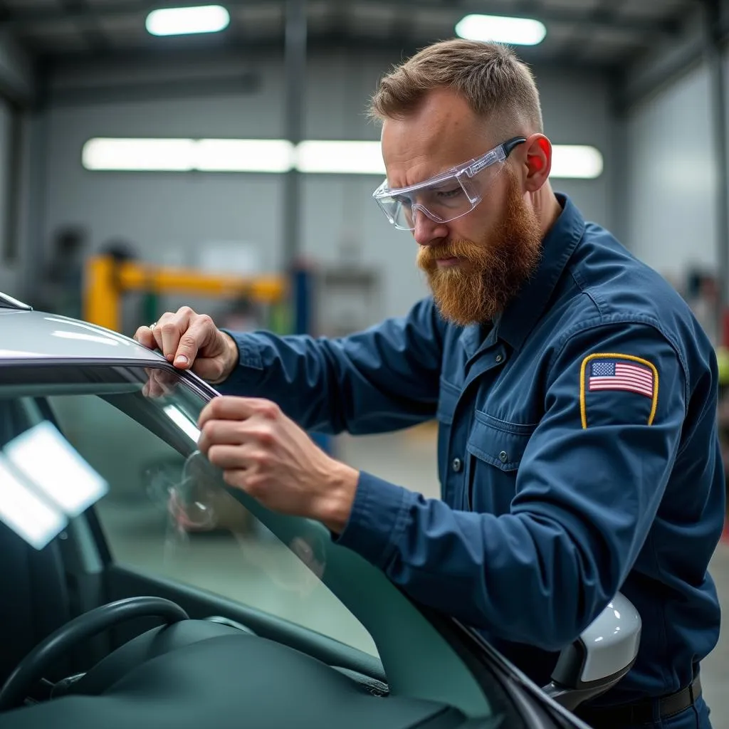 Experienced Auto Glass Technician at Work