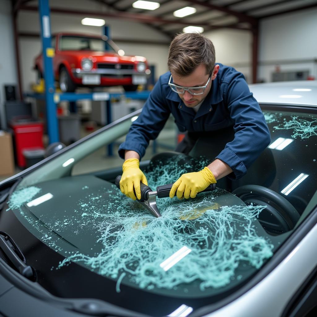 Skilled Auto Glass Technician Replacing a Windshield