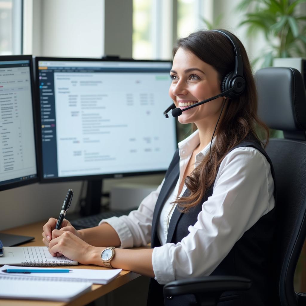 An auto insurance customer service representative assisting a customer over the phone.