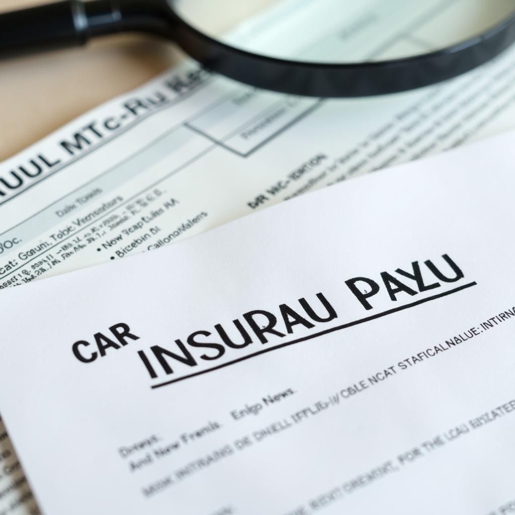 Car insurance policy document with a magnifying glass on top, highlighting coverage details and the Dunn, NC location.