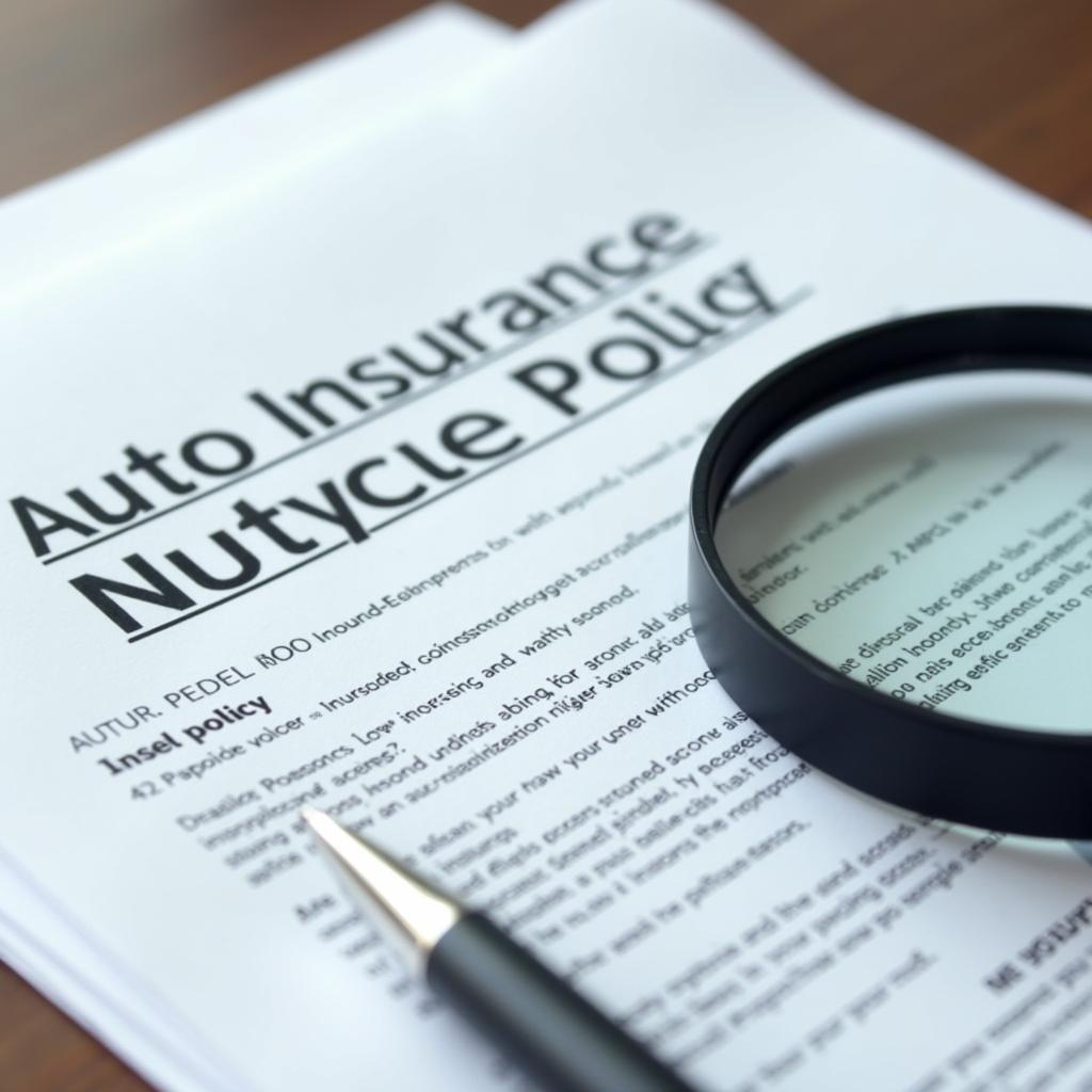 Auto insurance policy documents and magnifying glass