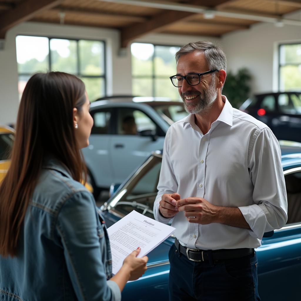 Friendly Service Advisor Discussing Repair Options with a Customer in Arezzo