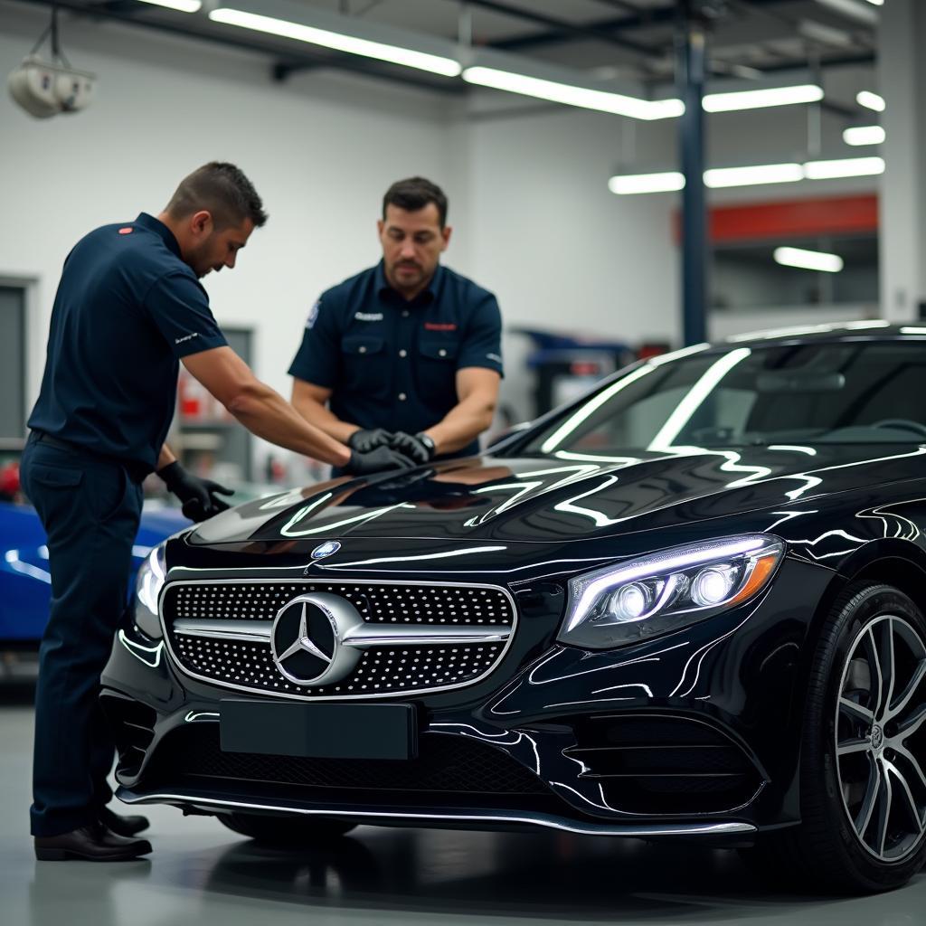 Skilled Mechanics Working on an Italian Car in a Modern Auto Shop in Arezzo