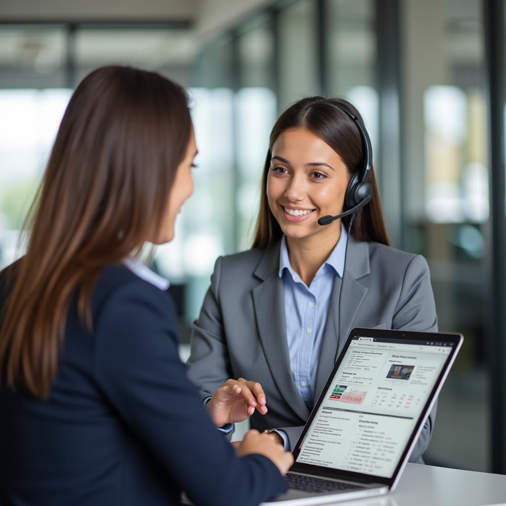 Auto loan service center representative assisting a customer