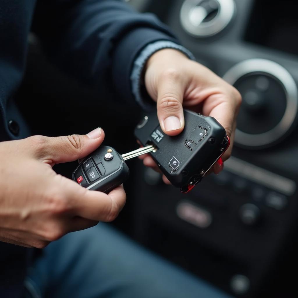 Auto Locksmith Using Specialized Equipment to Program a Car Key