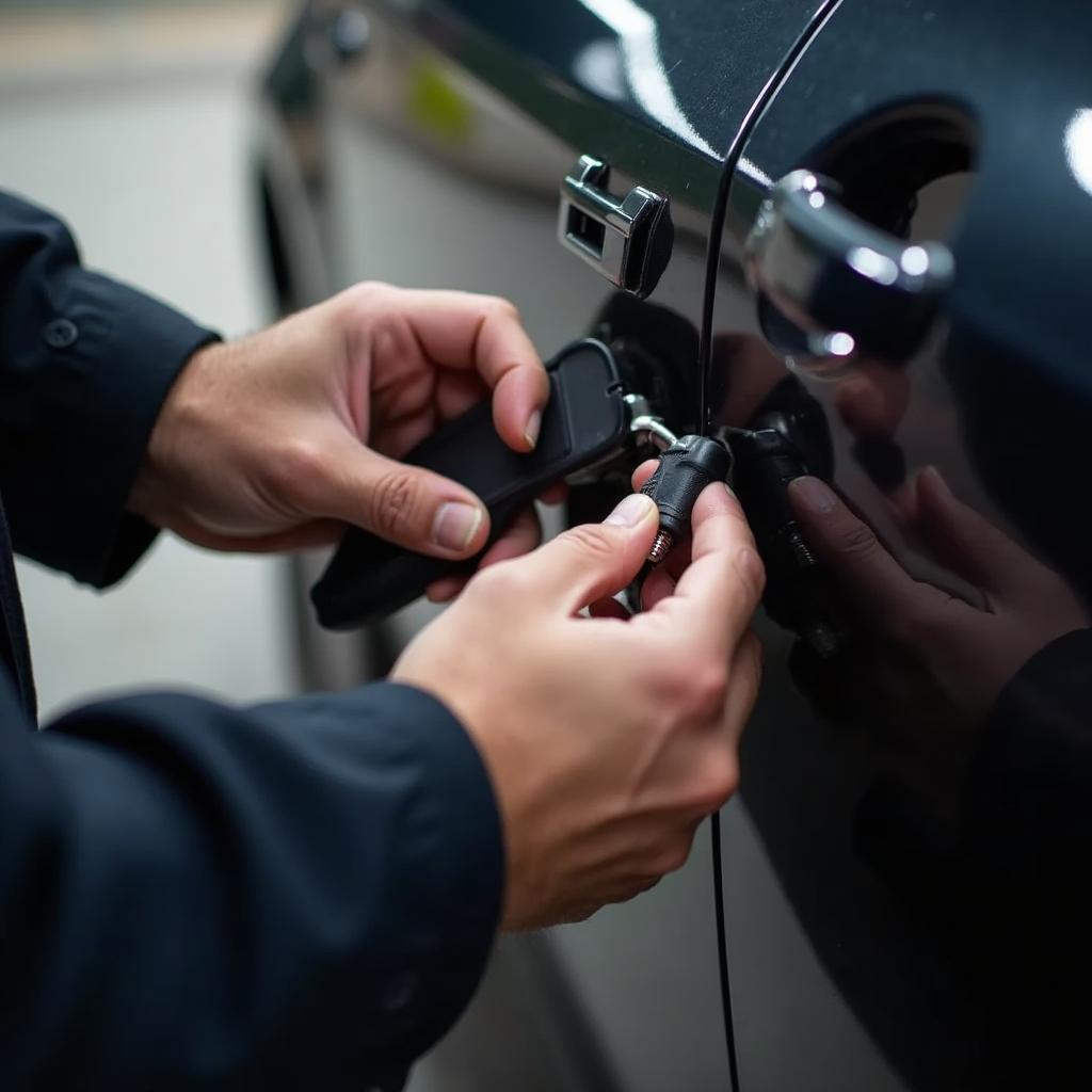 Auto Locksmith Unlocking Car Door with Specialized Tools