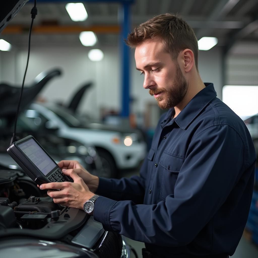 Auto Master Technician Diagnosing Vehicle