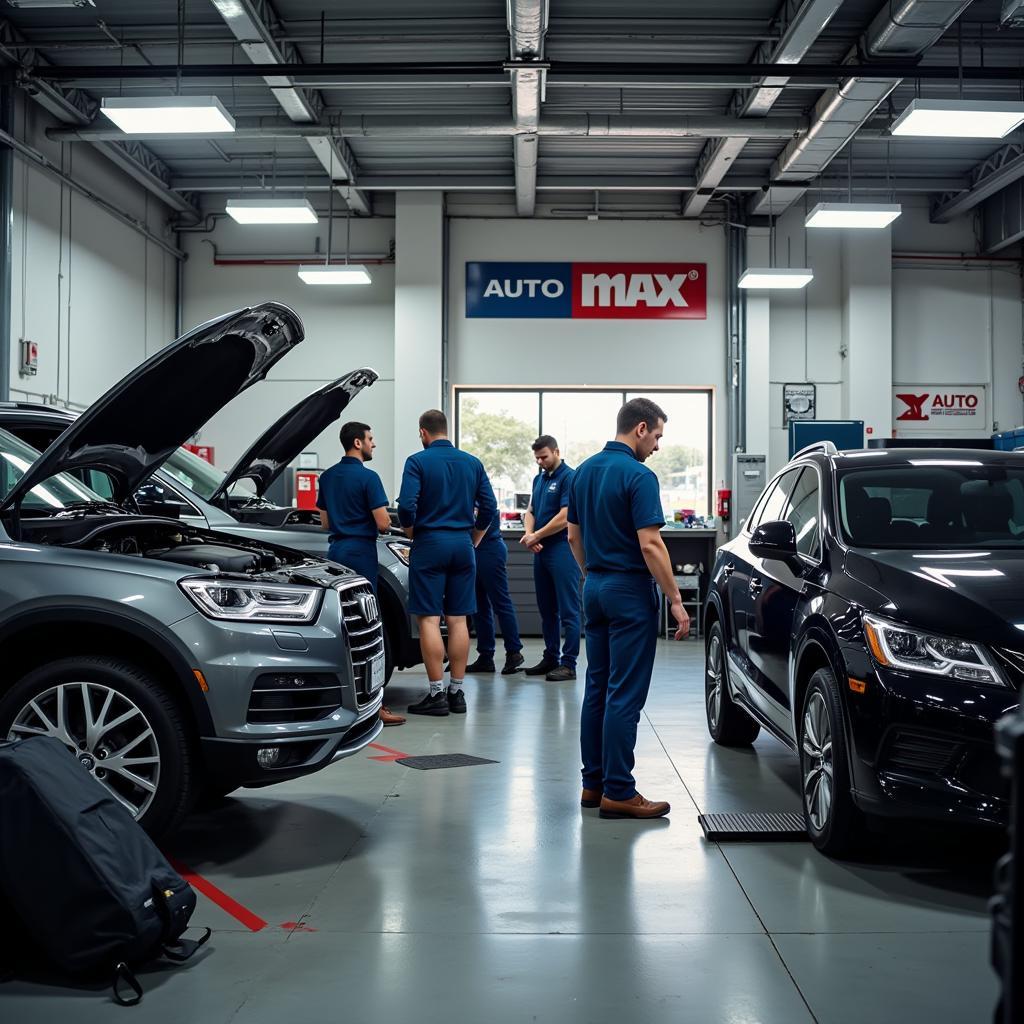 Expert Mechanics Performing Car Maintenance at Auto Max Service Center