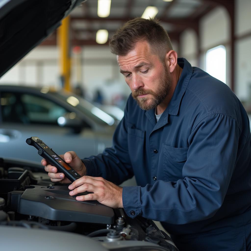 Auto mechanic in Athens TX using diagnostic equipment