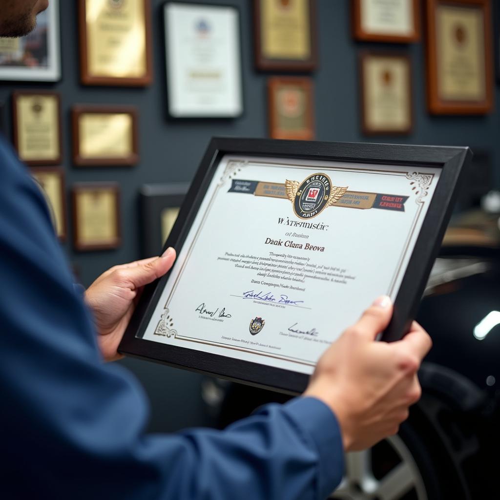 Mechanic proudly displaying certificates and awards