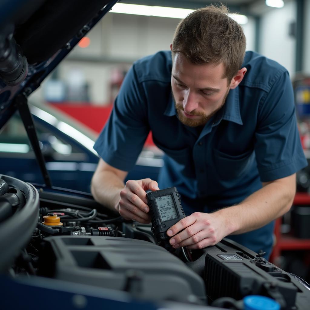 Auto Mechanic Checking Engine Diagnostics