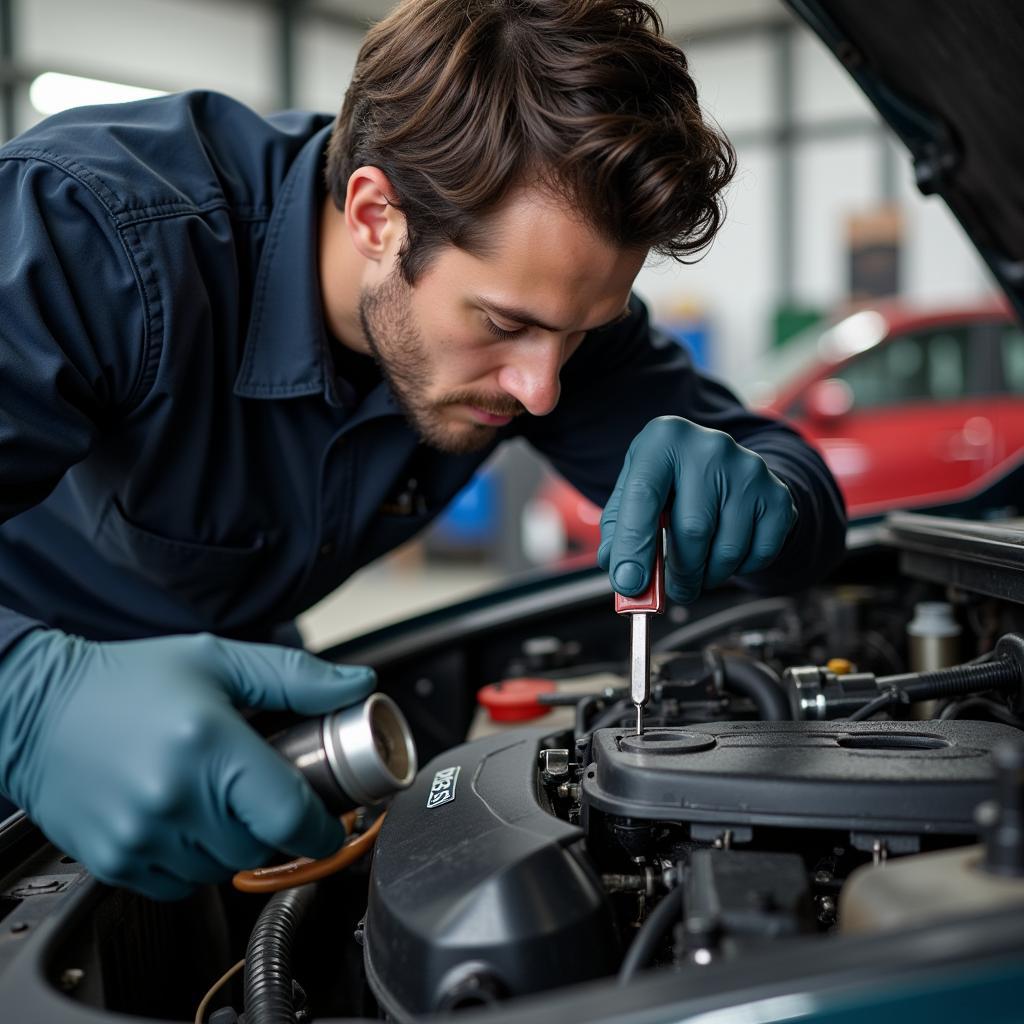 ASE Certified mechanic inspecting a car engine in College Station