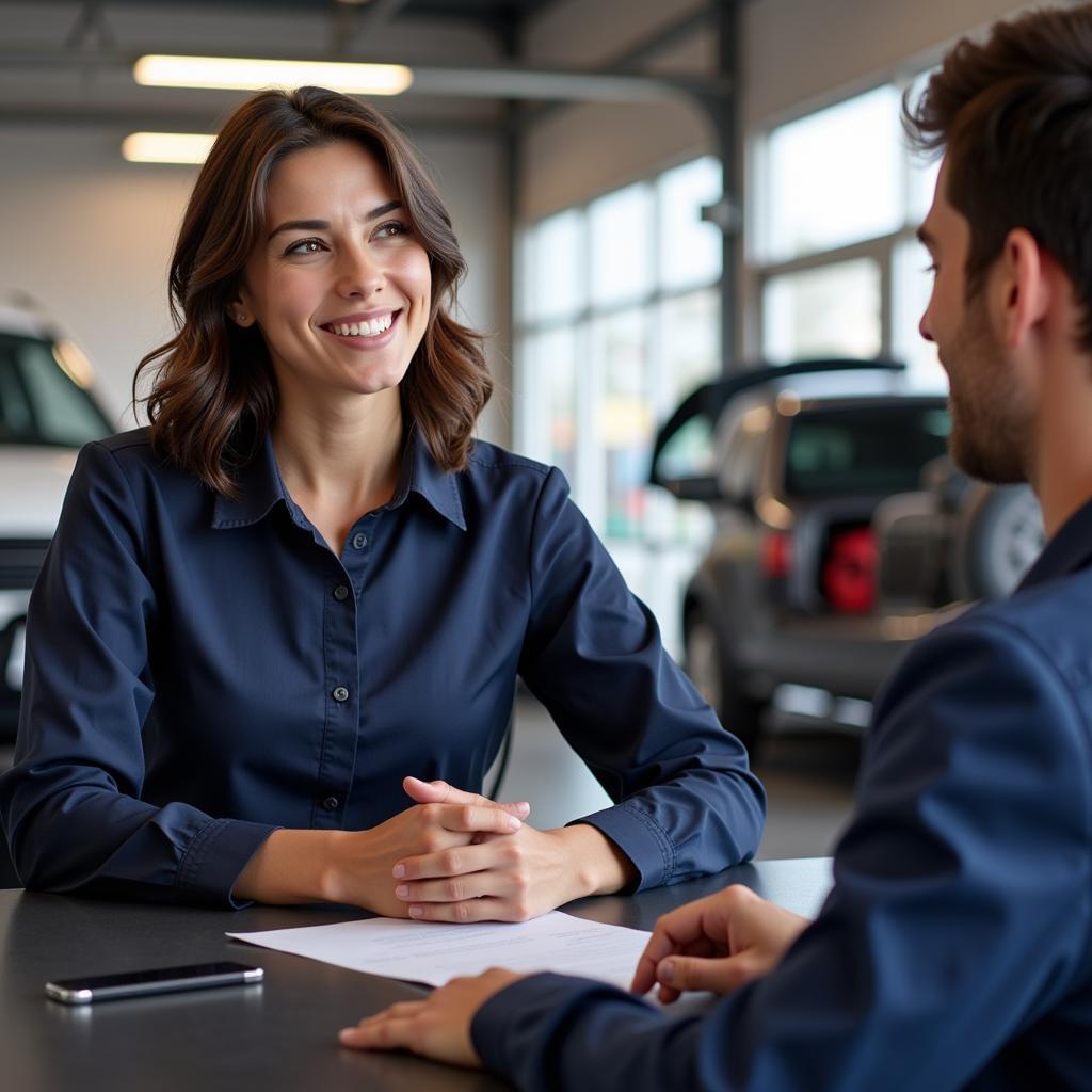 Auto Mechanic Customer Service Representative Talking to Customer