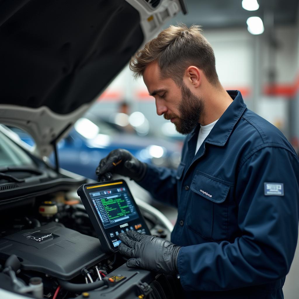 Auto mechanic using diagnostic equipment