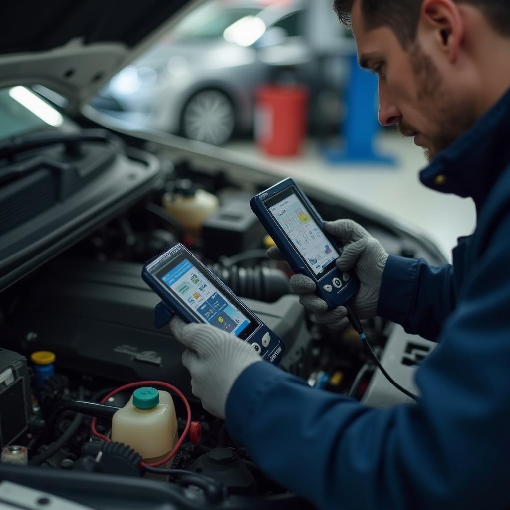 Auto Mechanic Diagnosing Car Engine