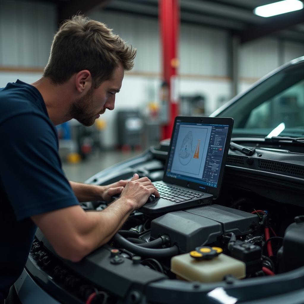 Mechanic diagnosing car issue using computer