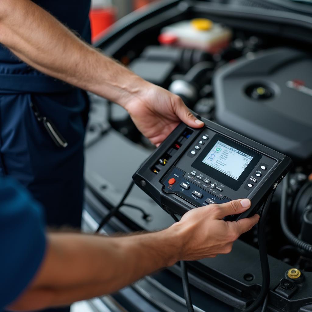 Certified mechanic using diagnostic equipment to identify a car issue.