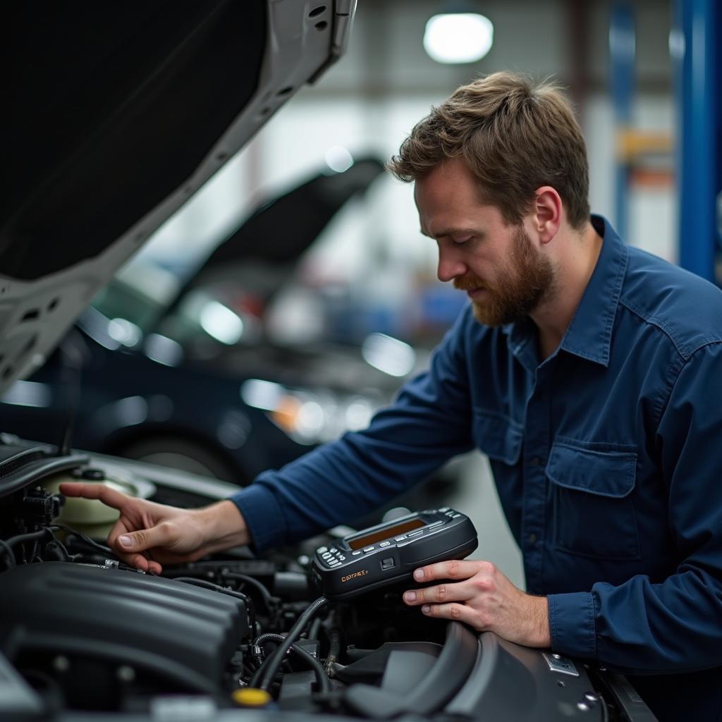 Experienced auto mechanic using diagnostic tool on a vehicle in Avon Ohio 