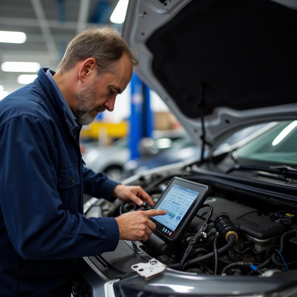 Auto mechanic performing diagnostics in Firestone Eastpointe