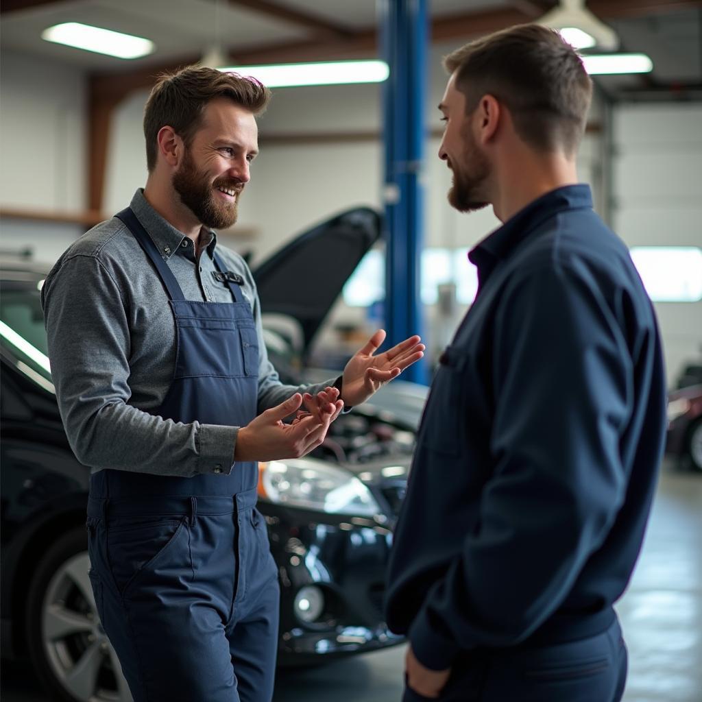 Auto mechanic discussing car repairs with customer in Barron WI