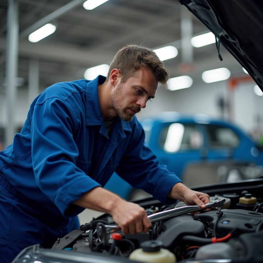 Skilled auto mechanic working on a car engine in a garage on East Washington Street.