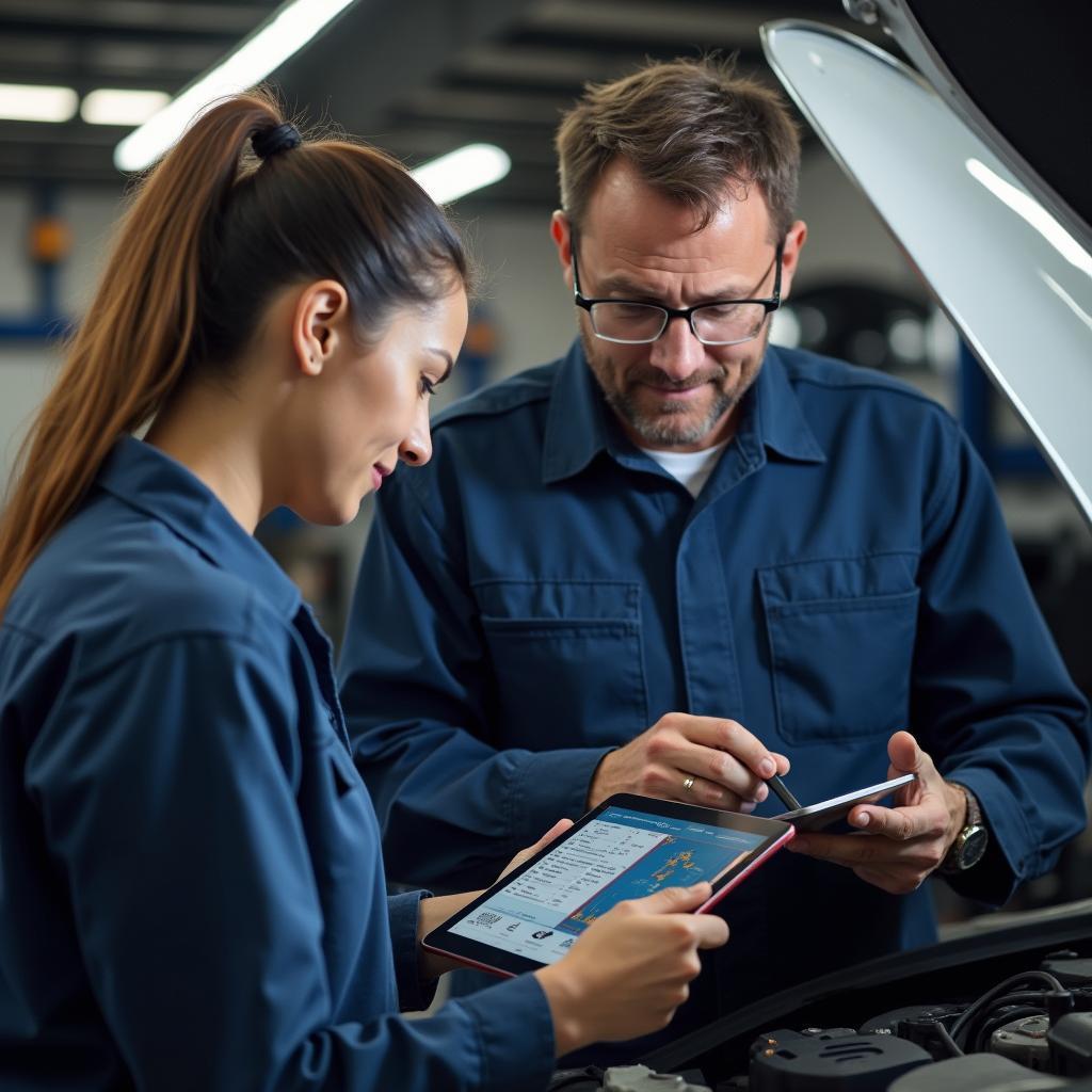 Experienced auto mechanic explaining car issue to customer using a tablet