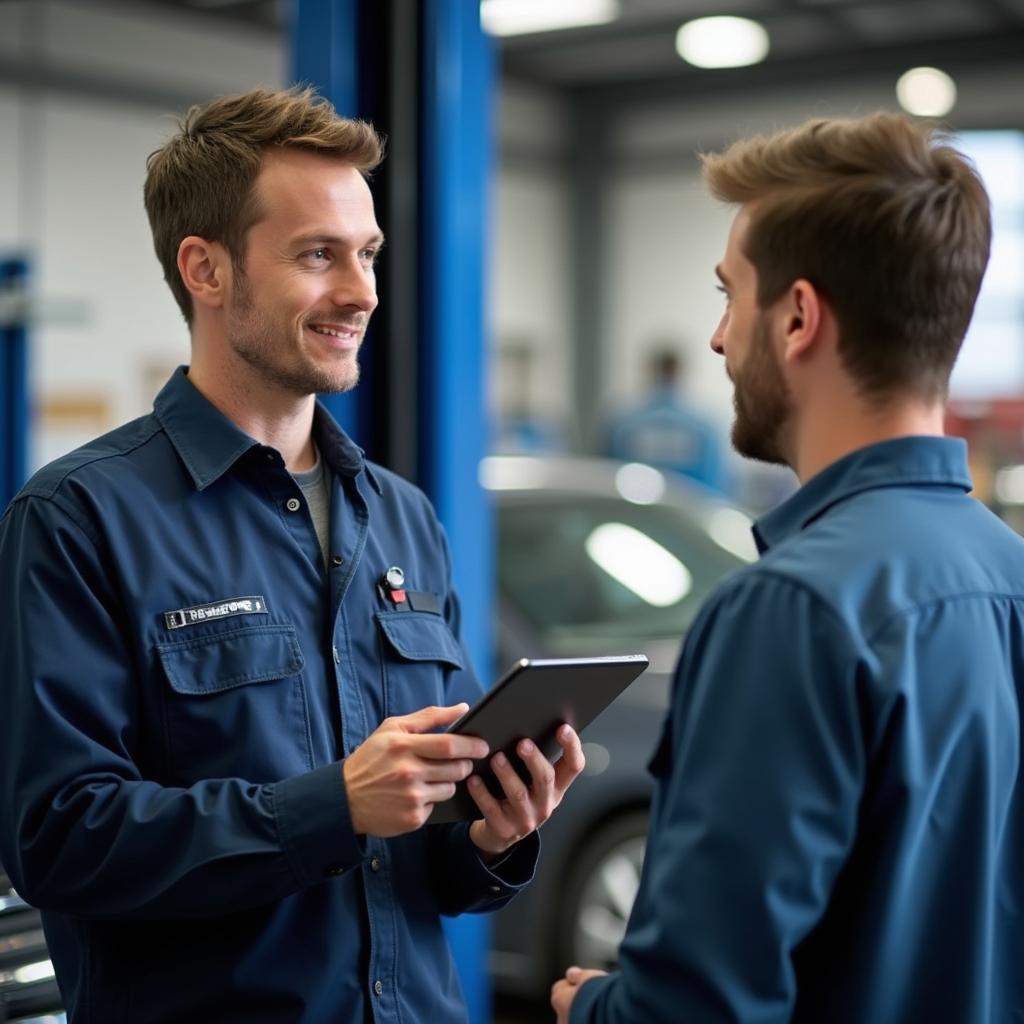 A friendly auto mechanic explaining a car repair to a customer using a tablet