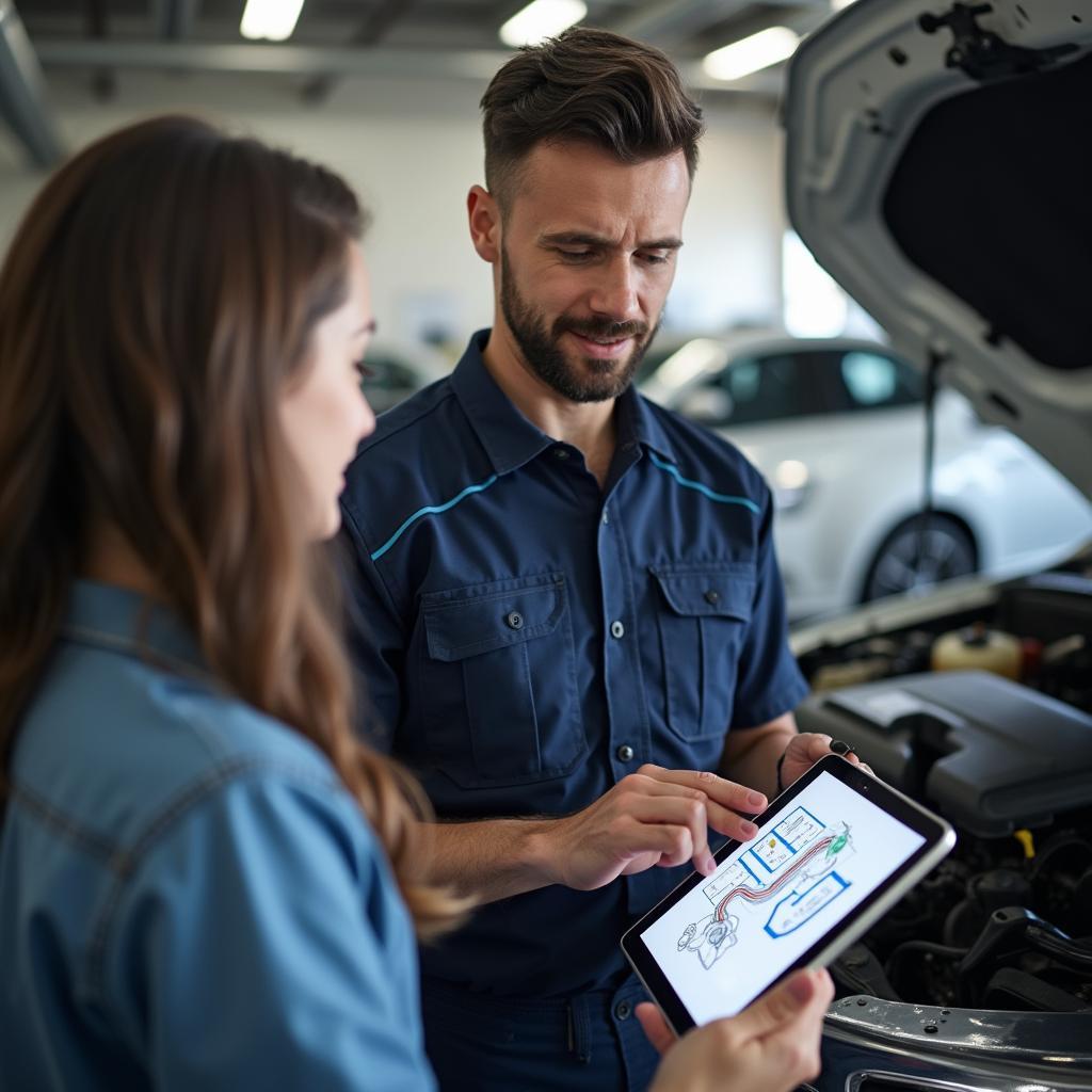 Auto Mechanic Explaining Car Repair to Customer