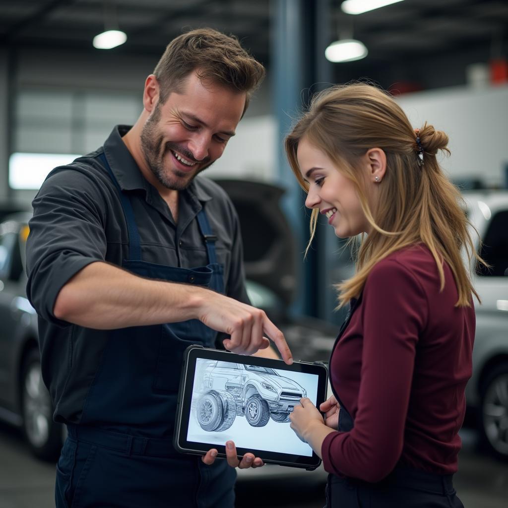 Auto mechanic explaining car repair to a customer