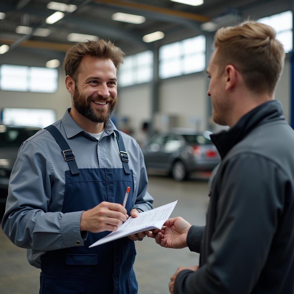 Auto Mechanic Explaining Car Repair to Customer