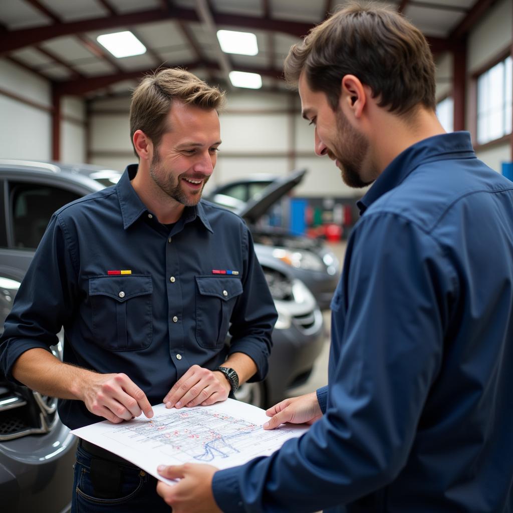 Auto mechanic explaining car repairs to a customer in League City