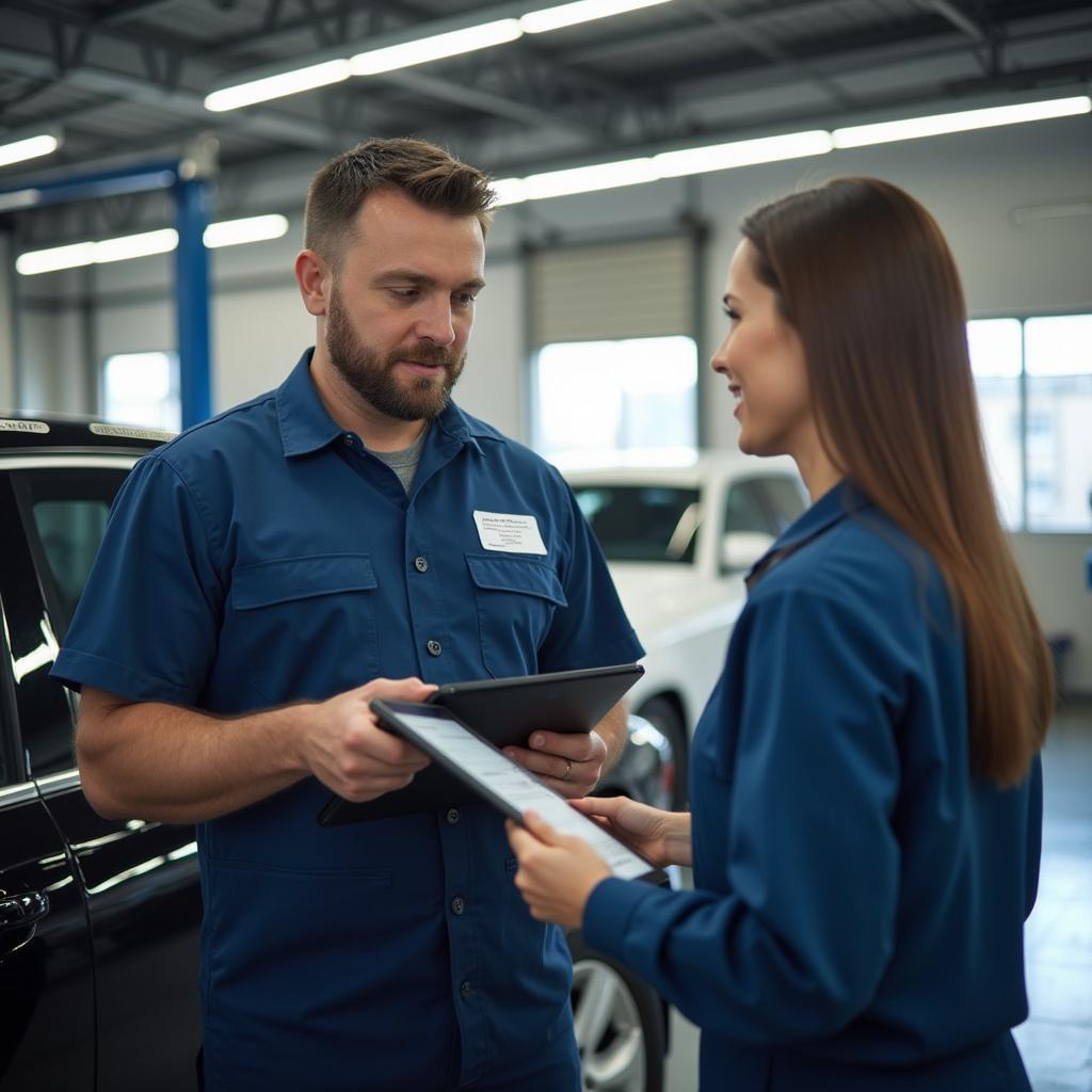 Auto mechanic explaining a repair to a customer