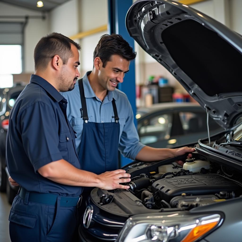 Auto mechanic explaining car repair to a customer