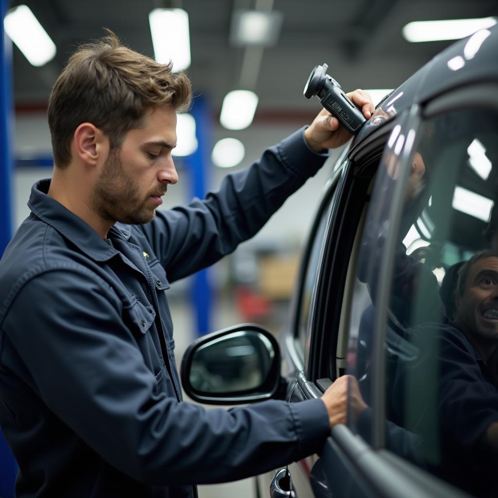 Experienced auto mechanic diagnosing a car problem in a Green Bay Ave shop