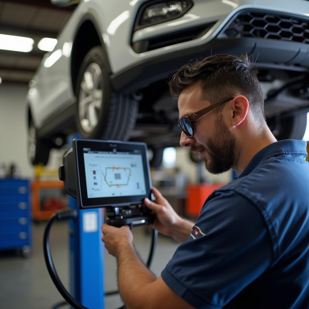 Experienced auto mechanic in Gresham performing an alignment check using specialized equipment