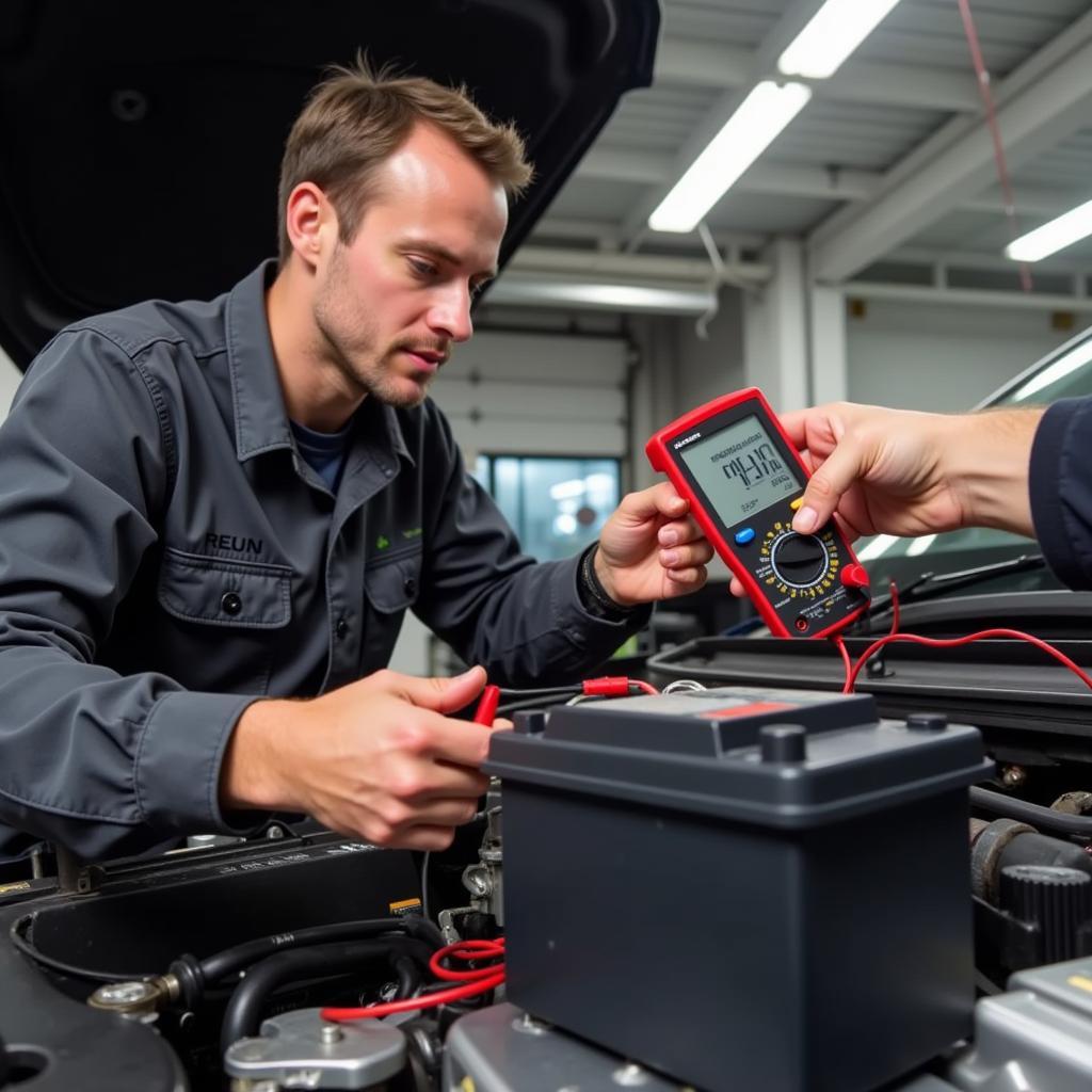 Mechanic Inspecting Car Battery