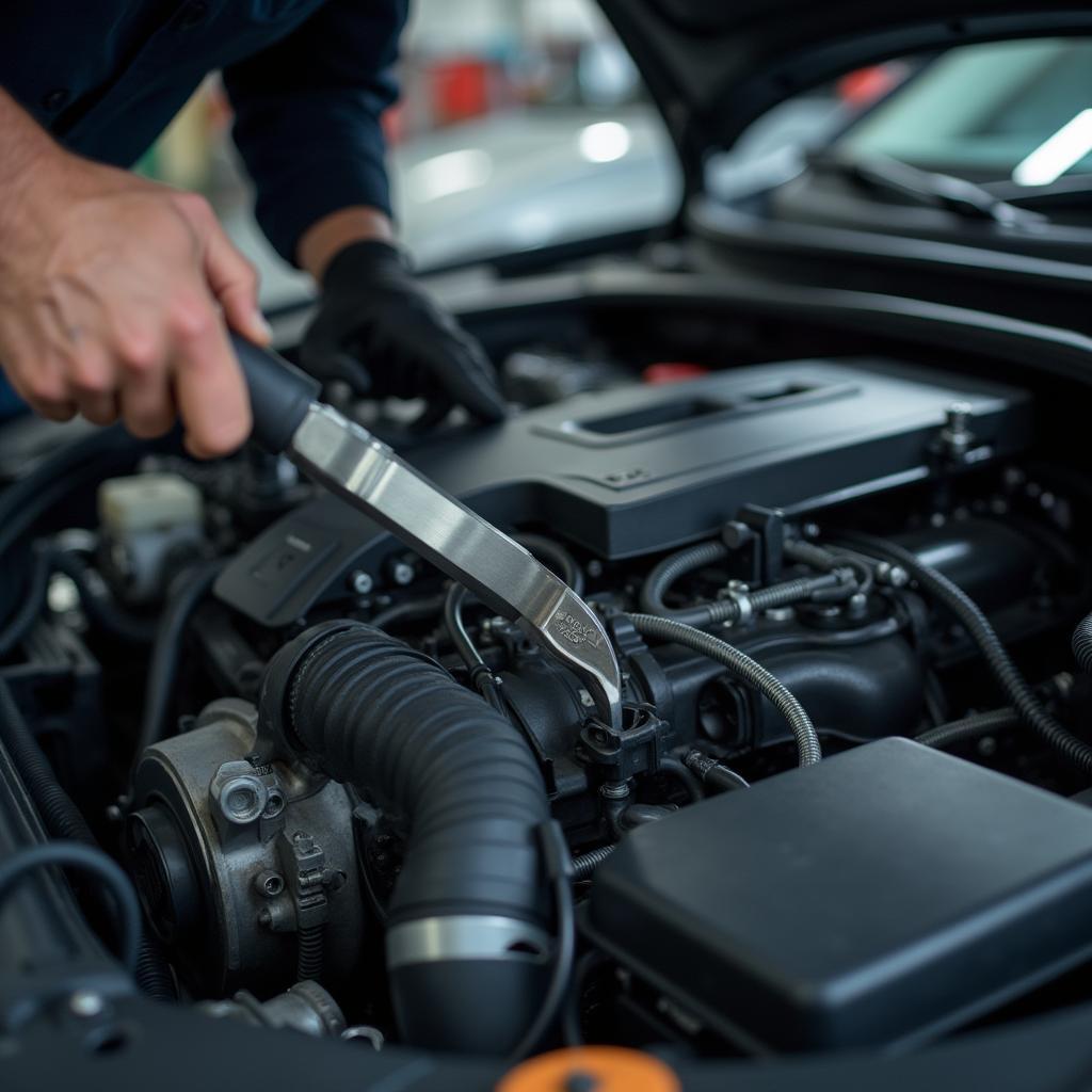 Mechanic inspecting car engine