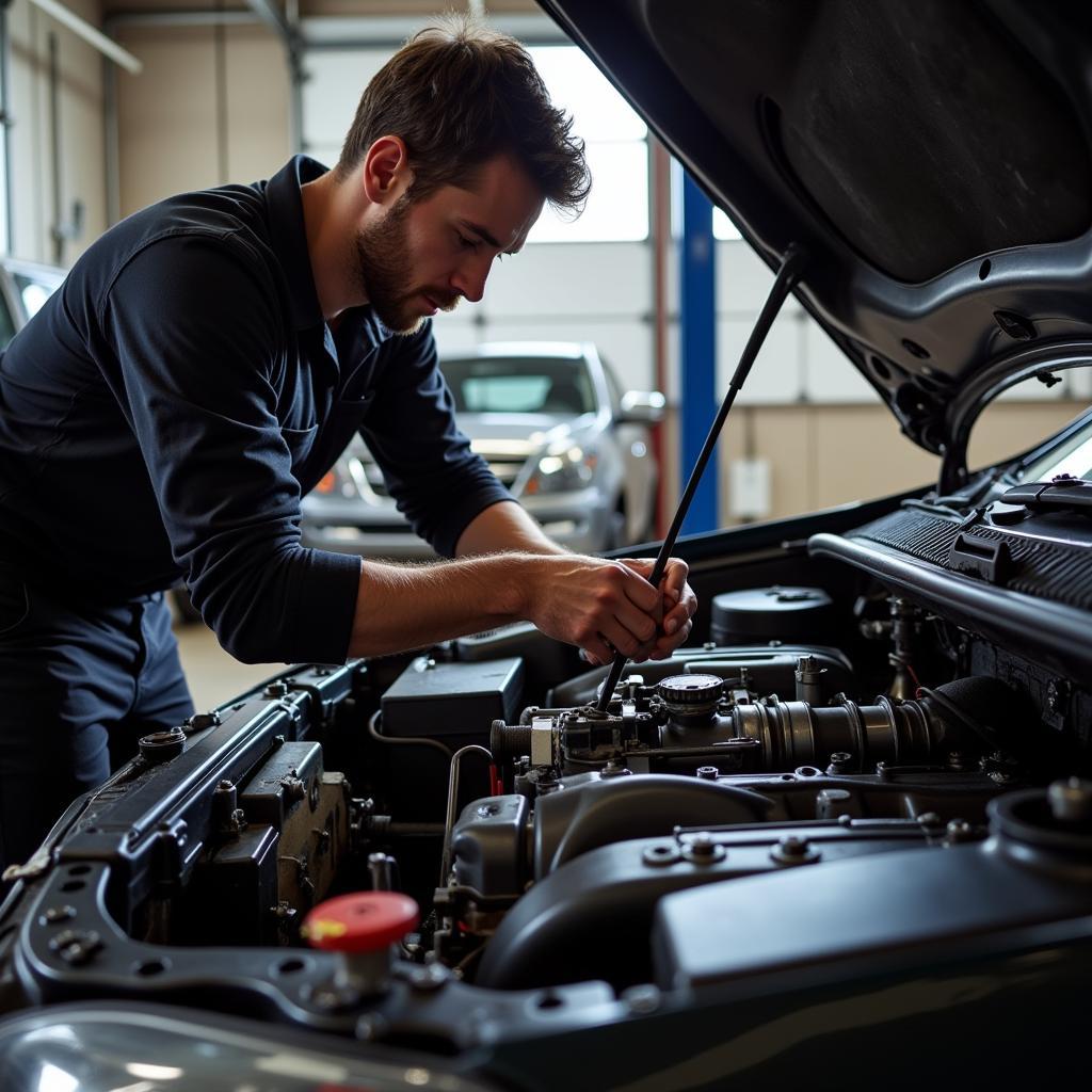 Mechanic inspecting car engine in a Colorado airpark garage