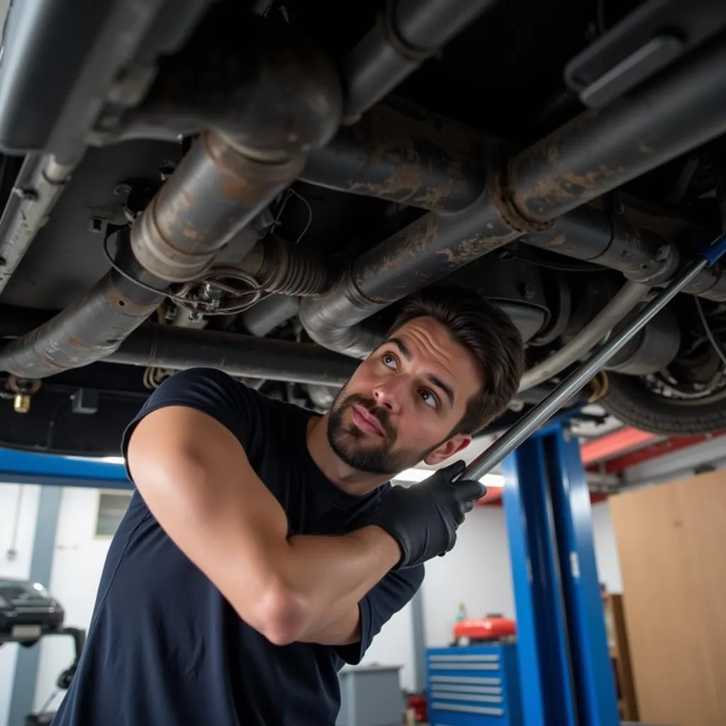 Auto Mechanic Inspecting Car Frame