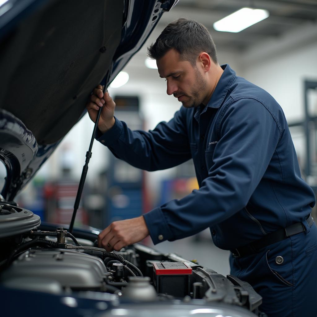 Auto Mechanic Inspecting Engine